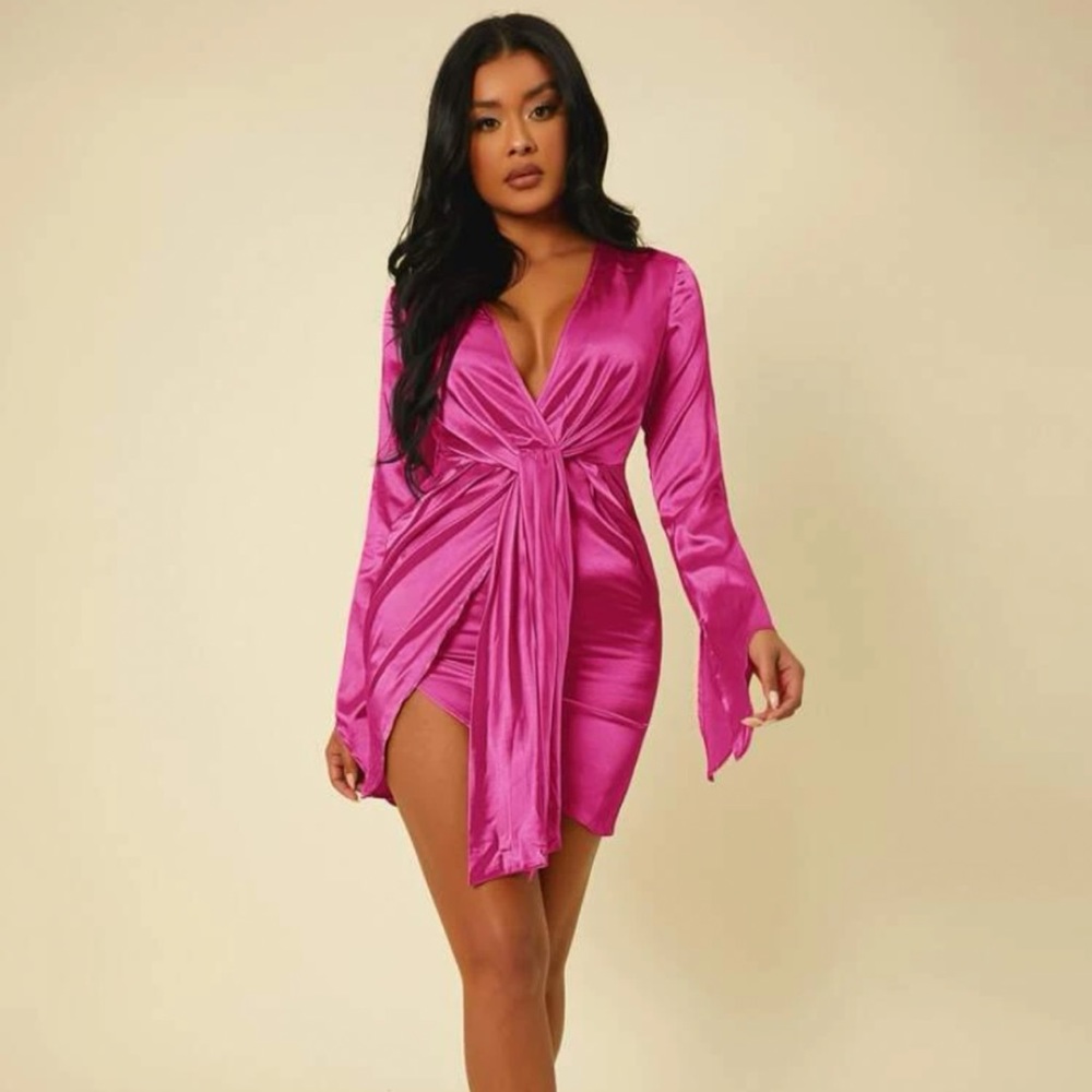 Pink Silky Split Cuff Strap Draped Wrap Dress
